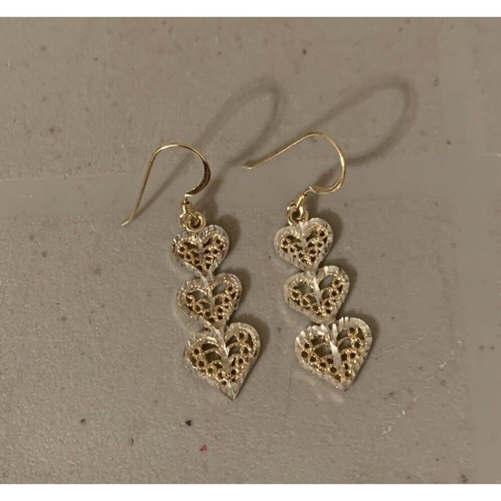 Vintage 18K Gold Sterling Silver Filigree Heart Earrings Cascading